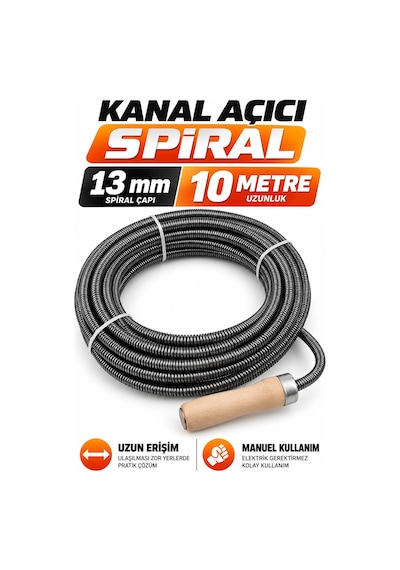 13 Mm 10 Metre Kanal Açıcı Spiral Ahşap Saplı Manuel Gider Açma Teli, Lavabo Ve Boru Temizleme S