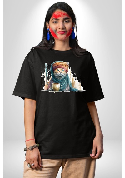 Türk Kahvesi Kedi Pamuklu Bisiklet Yaka Unisex Oversize Boyfriend Dijital Baskılı Siyah T-shirt Siyah