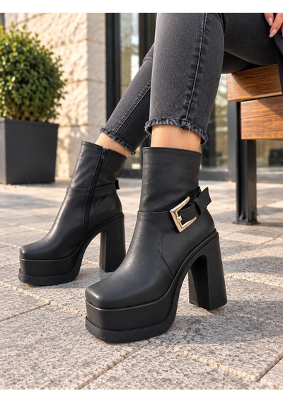 Asmi Shoes Kadın Dona Siyah Tokalı 12 Cm Platform Topuklu Bot 2030