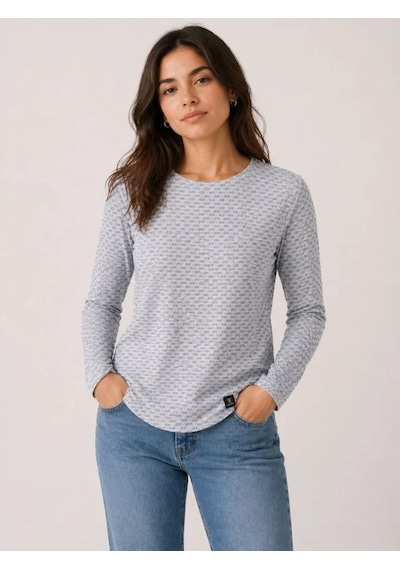 Defymoda Likralı Dokulu Uzun Kollu Tişört Oval Kesim Rahat Kalıp Bluz - Gri