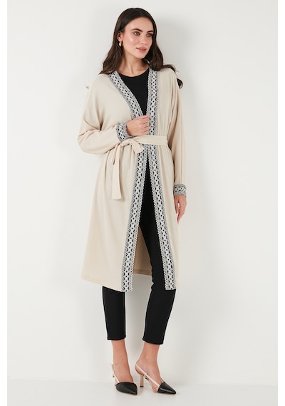 Lela Modest Regular Fit Bağlamalı Nakışlı Tesettür Uzun Kimono Bayan Hırka 5866173 Taş