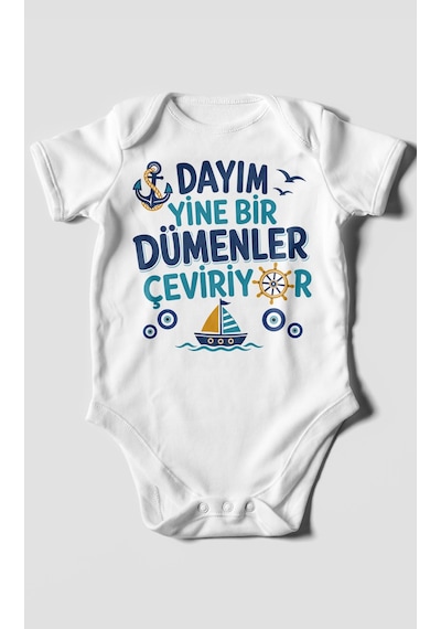 Morivokids Dayım Yine Bir Dümenler Çeviriyor Kısa Kollu Bebek Body %100 Pamuk Beyaz