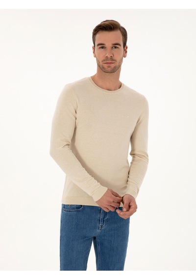 Cacharel Bej Slim Fit Pamuk Karışımlı Bisiklet Yaka Basic Triko Kazak