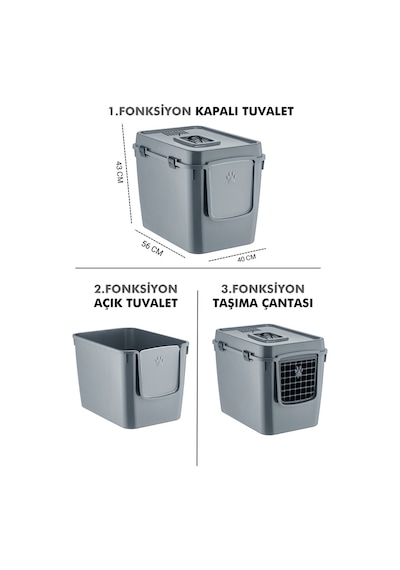 Pribor Hz-500 Xxl 3 Fonksiyonlu Açık / Kapalı Kedi Tuvaleti Ve Taşıma Çantası Gri 56 X 40 X 43 Cm