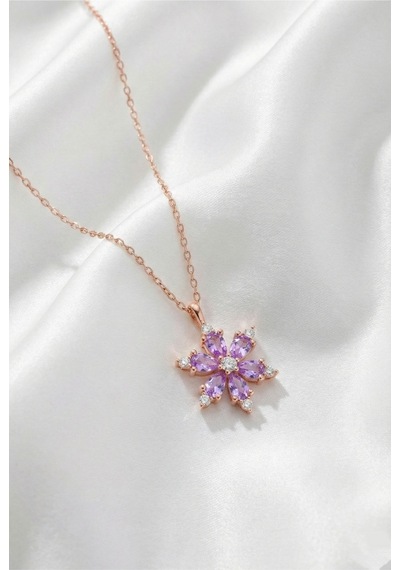 Çekirdekjewelry 925 Ayar Gümüş Lila Taşlı Kamelya Çiçeği Kolye Pembe