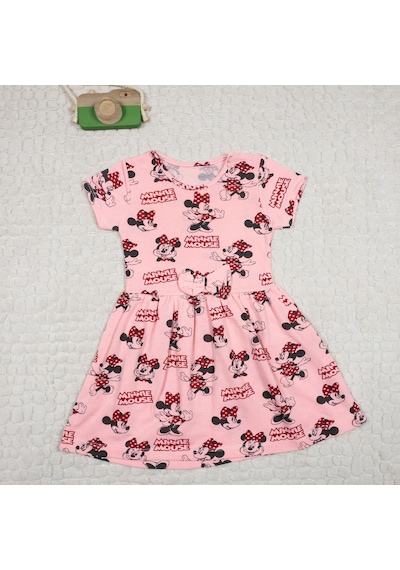 Momikon Minnie Mouse Kız Çocuk Kısa Kollu Pamuklu Elbise Pembe