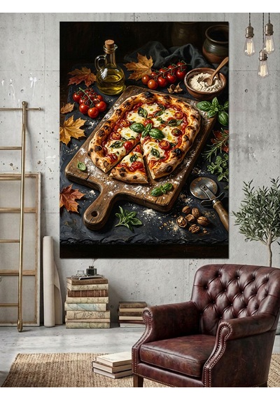 Odun Tahtada Domatesli Pizza Dilimleri Dekoratif Kanvas - Mdf Ahşap Tablo Çok Renkli