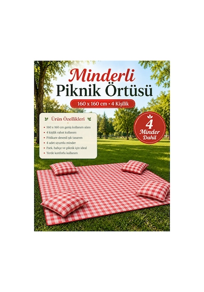 Kırmızı Potikare Piknik Seti Minderli Piknik Ortüsü 160x160 Minderleri 40x40 4 Minder