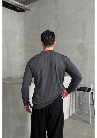 Erkek Polo Yaka Fitilli Oversize Triko Kazak Antrasit