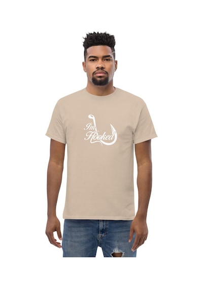Wildstyle I'm Hooked Balıkçılık Olta Balıkçı Tutkusu Baskılı Unisex Bisiklet Yaka Pamuklu Tişört Camel