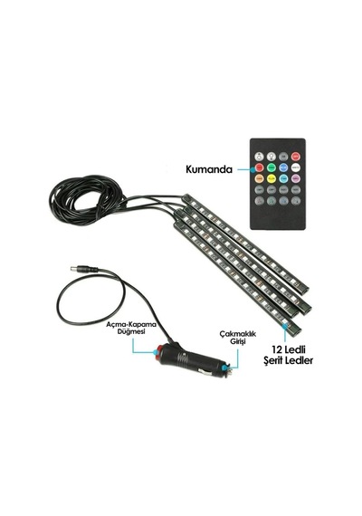 Mega Oto Market Ayak Altı Led 12 Ledli Lamba Sese Duyarlı Led Müziğe Duyarlı Led Çok Renkli