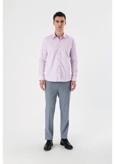 İmza Pembe Uzun Kollu Armürlü Cepsiz Pamuklu Likralı Slim Fit Dar Kesim Gömlek 1004240193-pembe Pembe