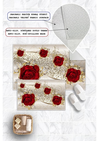 Dijital Baskı Gül Desen Kaymaz Taban 2li Set Banyo Paspası Klozet Takımı 50x60cm-60x100cm Krem