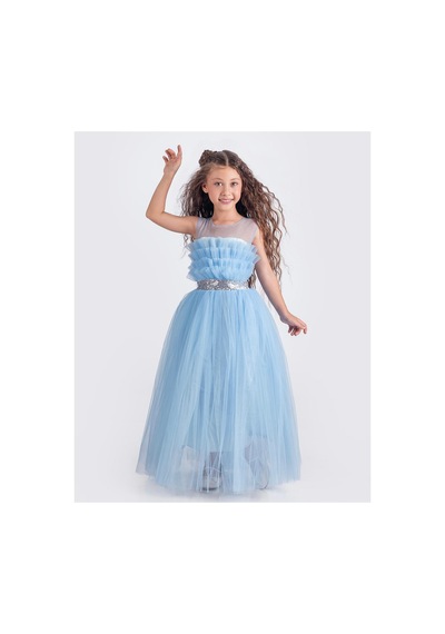 Mnk Baby & Kids Sapes Model Sırt Gipeli Tüllü Kız Çocuk Askılı Saten Abiye Mnk0618 Bebe Mavi