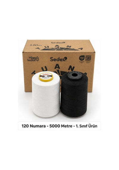 Tuana Polyester Dikiş İpliği 120 Numara 5000 Metre 2'li Bobin 1 Beyaz 1 Siyah Makine İpi Dikiş İpi