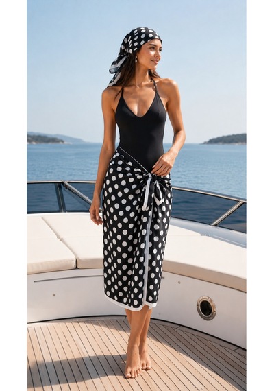 Tarzını Seç Premium Siyah Beyaz Puantiye Desenli 2 Li Pareo Ve Bandana Seti 150x95 Cm / 70x70 Cm