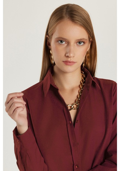 Tudors Kadın Slim Fit Dar Kesim Uzun Kollu Pamuklu Vücuda Oturan Dokulu Bordo Basic Gömlek-42050