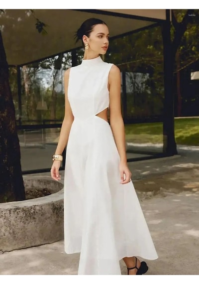Fashion Cocktail Minik Boyun Detay Pencereli Bel Kolsuz Dizaltı Midi Sahil Yazlık Viskon Elbise Bej Fashion Cocktail Minik Boyun Detay Pencereli Bel Kolsuz Dizaltı Midi Sahil Yazlık Viskon Elbise Bej