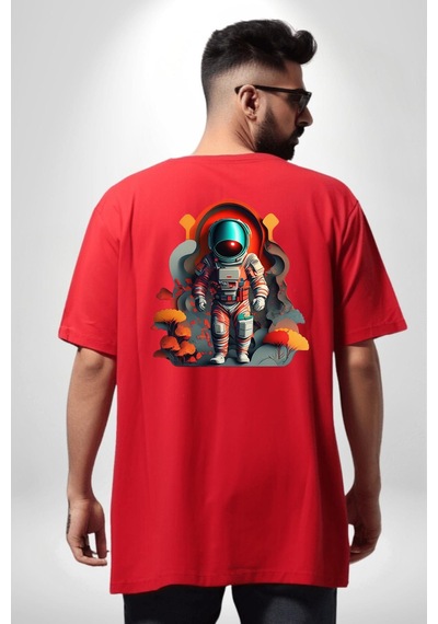 Astronot Yapay Zeka Yürüyüş Kırmızı Oversize Unisex Ön Ve Sırt Baskılı Tişört Kırmızı