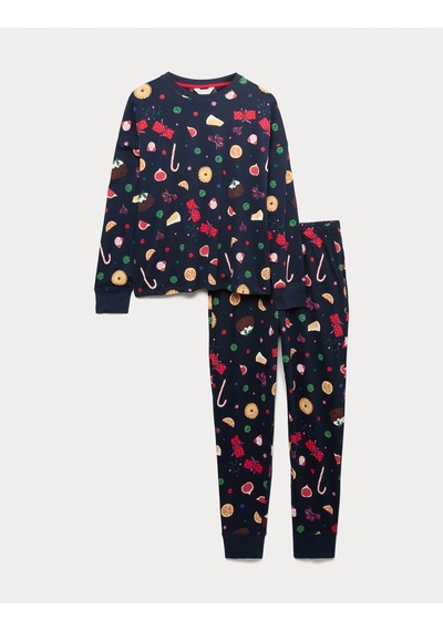 Marks & Spencer Saf Pamuklu Yılbaşı Desenli Pijama Takımı T37002275J Lacivert