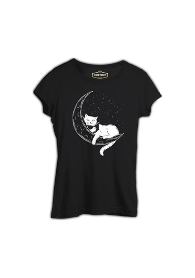Black Cat Reading On The Moon Siyah Kadın Tshirt 001