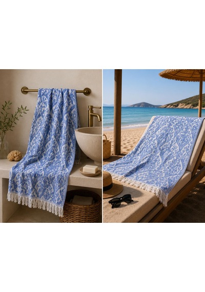 Ege Esintisi Saray Jakarlı Çift Yüzlü Peştemal - Mavi - %100 Pamuk 100x180 Cm Plaj, Havuz Ve Hamam Peştemali