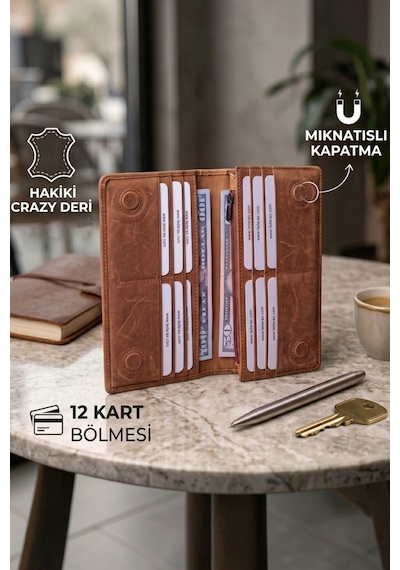 Lederax Eskitme Hakiki Deri Mıknatıslı Telefon Bölmeli Portföy Cüzdan Ld628 Taba