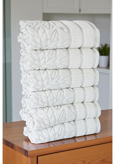 Çınar Jakarlı 6 Lı Kadife Pamuklu El Ve Yüz Havlu Seti 50x90 Cm - 04557 - Gümüş Gümüş