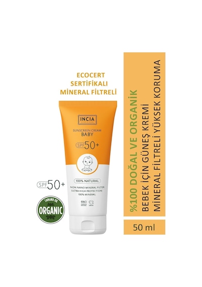 INCIA %100 Doğal Bebek Güneş Kremi Leke Karşıtı Mineral Filtreli Yüksek Koruma SPF 50+ UVA UVB 50 ML
