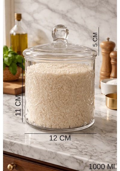 1000 Ml. Desenli Cam Kapaklı Kavanoz - Orta Boy Cam Saklama Kabı Şeffaf
