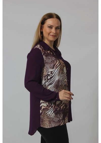 Moda Berray 2320 Leopar Desenli Şifon Gömlek Mürdüm