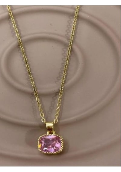 Kare Pembe Zirkon Taşlı Gold Renk Çelik Kolye Gold