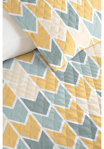 Sarı Geometrik Modern Genç Odası Tek Kişilik Pike Takımı-mavi Beyaz 160x220 Cm Kapitone Yatak Örtüsü Ayazlı Eşik Akışı