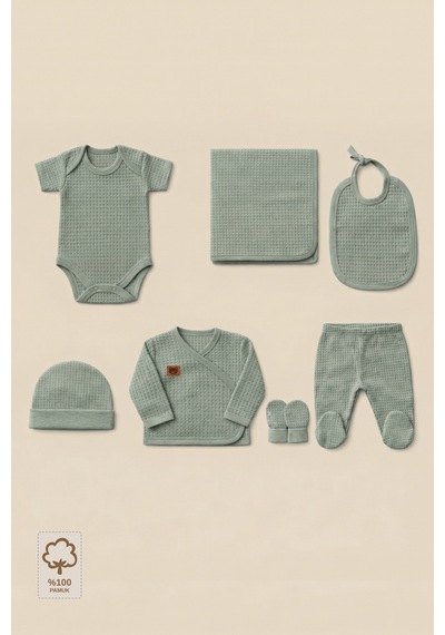 Minory Baby - %100 Pamuk 7'li Hastane Çıkışı Seti Yenidoğan 7'li Set Waffle Kumaş Yeşil Yeşil