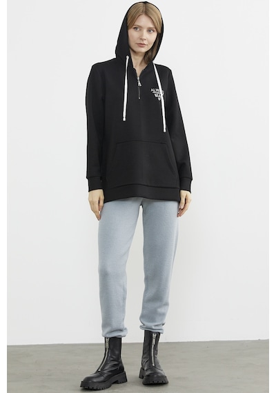 Yarım Fermuarlı Kapüşonlu Sweatshirt - Siyah Ekru