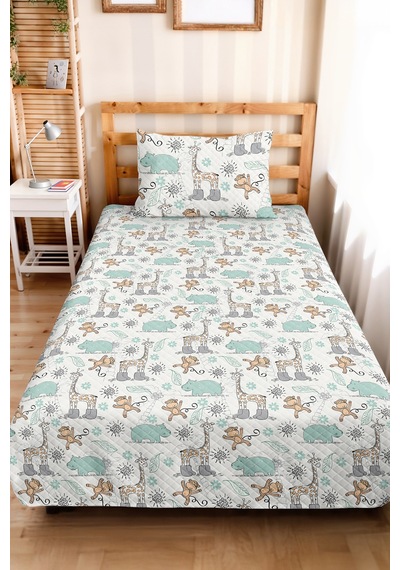 Evimde Bambaşka Safari Mint Çocuk Odası Tek Kişilik Pike Takımı - Sevimli Bej 160x220  CM Kapitone Yatak Örtüsü