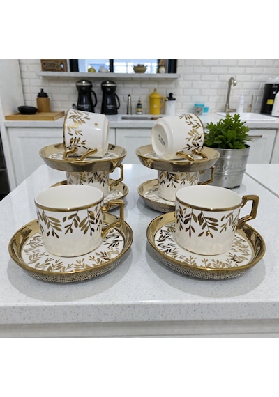 Sudedi Home Beyaz Gold Desenli 6 Kişilik Fincan Takımı Çok Renkli
