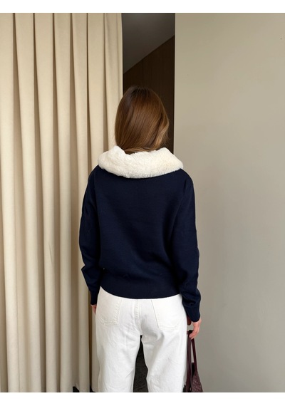 Laluvia Lacivert Yakası Kürklü Hırka - 261002 Lacivert