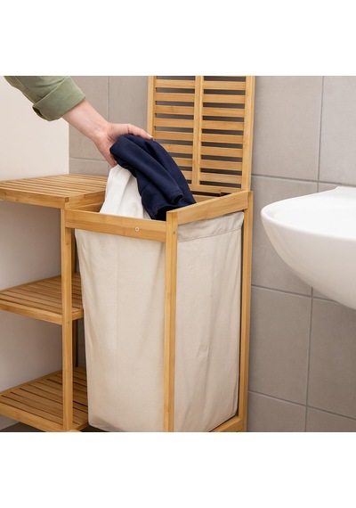 Bambu 3 Raflı Kirli Çamaşır Sepeti Kapaklı & Kumaş Torbalı Doğal Ahşap Banyo Düzenleyici Çok Renkli