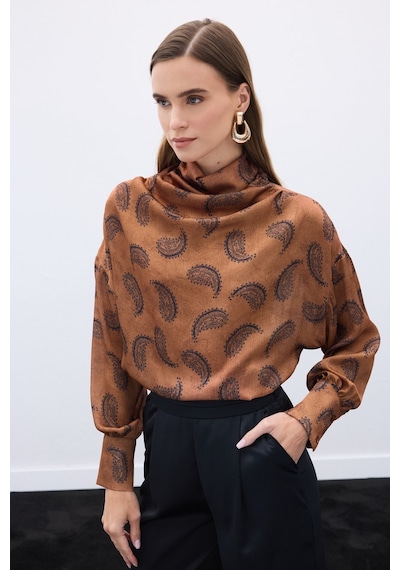 Sateen Degaje Yaka Desenli Bluz - Kahve-136572 Kahve