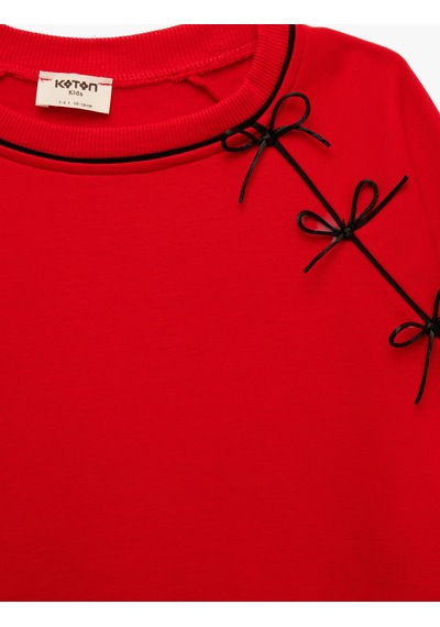 Koton Fiyonk Detaylı Uzun Kollu Bisiklet Yaka Şardonlu Sweatshirt Kırmızı 7wkg10055ak