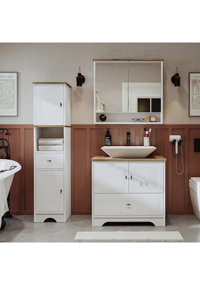 Lavabolu Mdf 80Cm Çekmeceli Banyo Dlp + Aynalı Üst Dlp + Boy Dlp Beyaz - Atlantik Çam