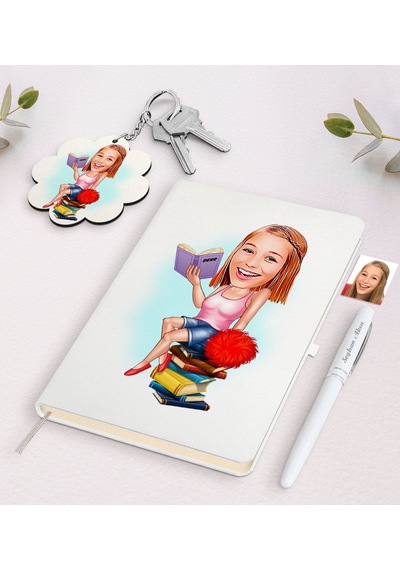 Kişiye Özel Kadın Öğrenci Karikatürlü Beyaz Defter Kalem Ve Anaht