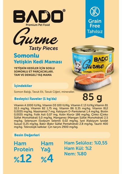 Bado Gurme Yaş Yetişkin Kedi Maması Somonlu 85 Gr 36 Adet