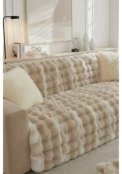 Lüks Kürklü Koltuk Örtüsü 170x215 Cm Yumuşak Peluş Kaymaz Taban Kanepe Örtüsü Kahve Krem Krem - Kahve