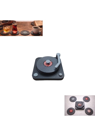 Özel Üretim Nostaljik 4 Adet Plak Tasarımlı Soğuk İçecek Bardak Altlığı Plak Çalar Standlı Vintage Çok Renkli