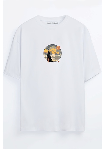 Yıldızlı Gece Tablosu Unisex Siyah - Beyaz Oversize T-shirt Beyaz