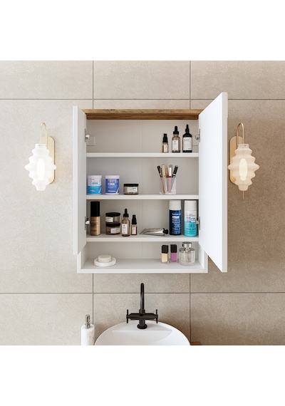 Banos Banyo Kulpsuz 2 Kapaklı Beyaz Mdf 62Cm Aynalı Banyo Üst Dlp Atlantik Çam - Beyaz