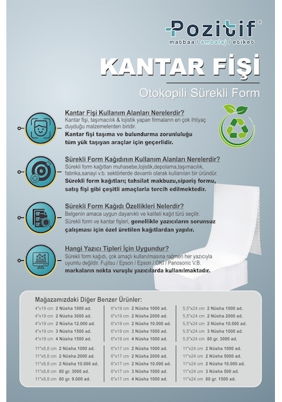 6x17 Kantar Fişi 2 Nüsha Beyaz + Sarı , 1000 Adet , Otokopili Sürekli Form 6''x17 Cm