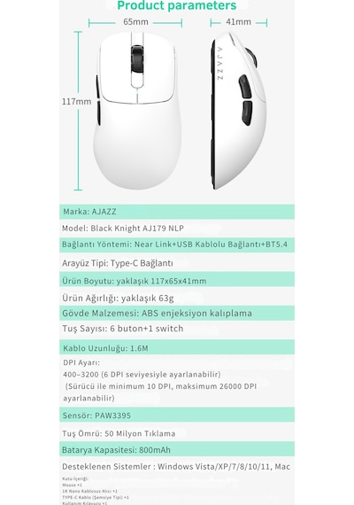 Aj179 Nl P Near-link 3 Modlu 1000hz 26.000 Dpı 800 Mah Batarya Paw 3395 - Yeni Nesil Bağlantı Modu Diğer